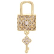 26x9mm Padlock and Key Pendant with Zircon - Gold Tone - Crystal x1