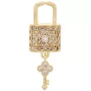 26x9mm Padlock and Key Pendant with Zircon - Gold Tone - Crystal x1