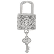 26x9mm Padlock and Key Pendant with Zircon - Rhodium - Crystal x1|raw }}