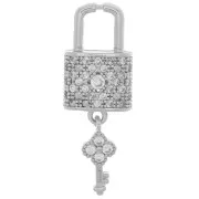 26x9mm Padlock and Key Pendant with Zircon - Rhodium - Crystal x1