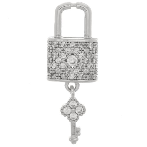 26x9mm Padlock and Key Pendant with Zircon - Rhodium - Crystal x1
