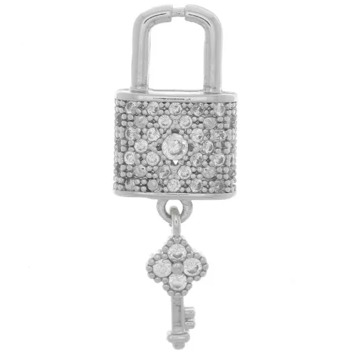 26x9mm Padlock and Key Pendant with Zircon - Rhodium - Crystal x1
