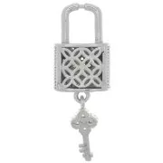 26x9mm Padlock and Key Pendant with Zircon - Rhodium - Crystal x1