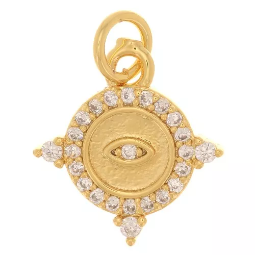 14x13mm Round charm worked with zirconium oxide - eye pattern - Gold Tone - Crystal x1