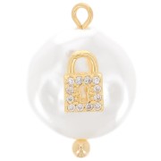 20x14mm Round Freshwater Pearl and Zircon Padlock Pendant - White - Gold x1