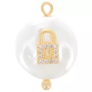 20x14mm Round Freshwater Pearl and Zircon Padlock Pendant - White - Gold x1
