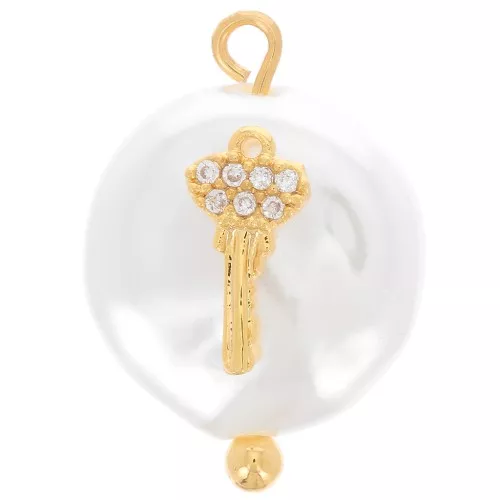 20x14mm Round freshwater pearl and zirconium oxide key pendant - White - Gold x1