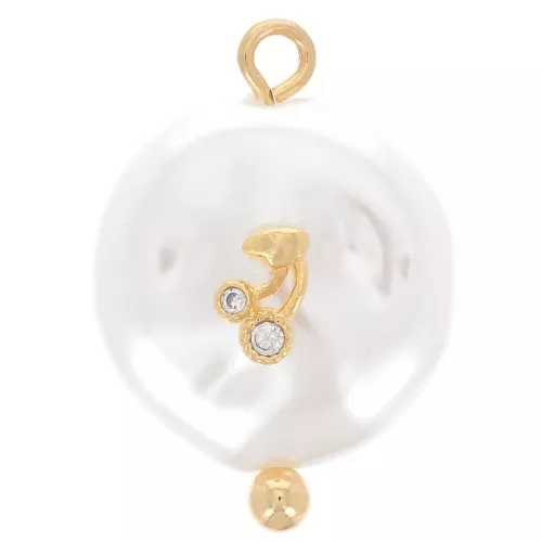 20x14mm Round Freshwater Pearl and Cherry Zircon Pendant - White - Gold x1