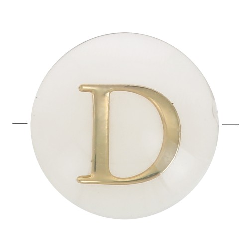 8mm Mother-of-pearl Round alphabet letter bead - D - Natural - Gold Tone x1