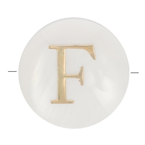 8mm Mother-of-pearl Round alphabet letter bead - F - Natural - Gold Tone x1