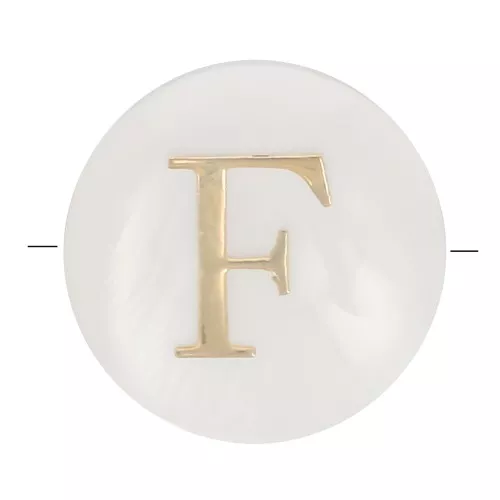 8mm Mother-of-pearl Round alphabet letter bead - F - Natural - Gold Tone x1