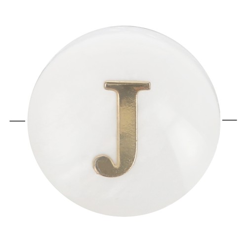 8mm Mother-of-pearl Round alphabet letter bead - J - Natural - Gold Tone x1