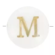 8mm Mother-of-pearl Round alphabet letter bead - M - Natural - Gold Tone x1