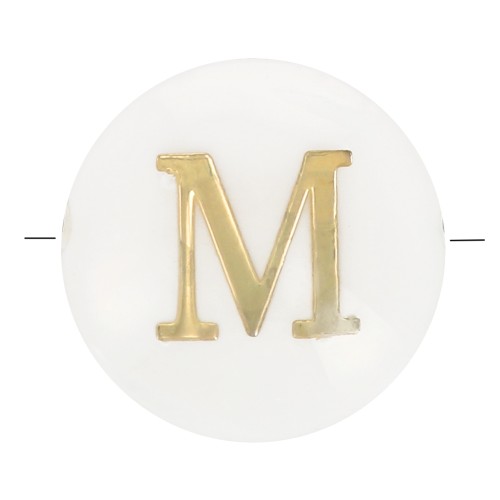 8mm Mother-of-pearl Round alphabet letter bead - M - Natural - Gold Tone x1