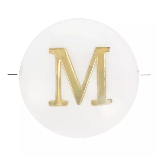 8mm Mother-of-pearl Round alphabet letter bead - M - Natural - Gold Tone x1
