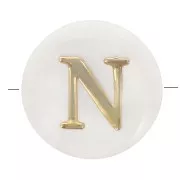 8mm Mother-of-pearl Round alphabet letter bead - N - Natural - Gold Tone x1