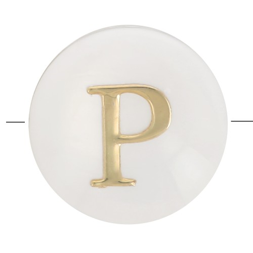 8mm Mother-of-pearl Round alphabet letter bead - P - Natural - Gold Tone x1