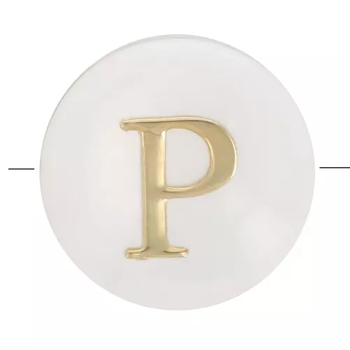 8mm Mother-of-pearl Round alphabet letter bead - P - Natural - Gold Tone x1
