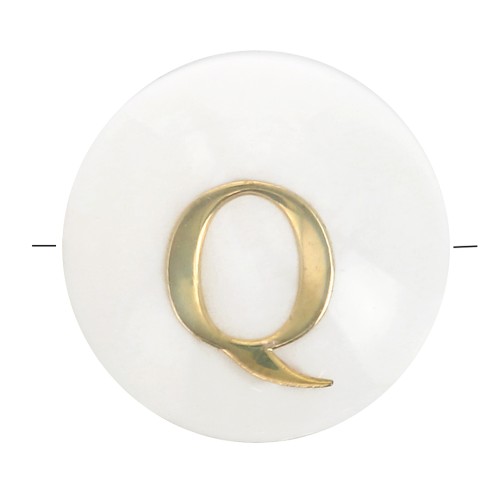 8mm Mother-of-pearl Round alphabet letter bead - Q - Natural - Gold Tone x1