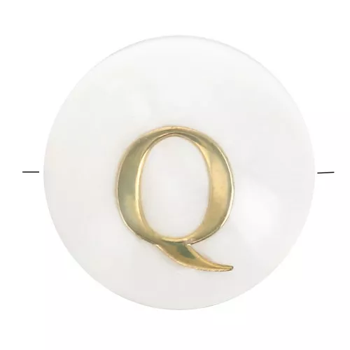 8mm Mother-of-pearl Round alphabet letter bead - Q - Natural - Gold Tone x1