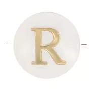 8mm Mother-of-pearl Round alphabet letter bead - R - Natural - Gold Tone x1