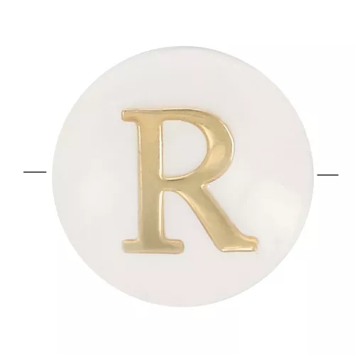8mm Mother-of-pearl Round alphabet letter bead - R - Natural - Gold Tone x1