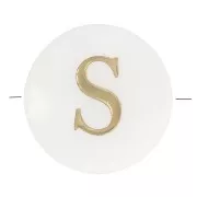 8mm Mother-of-pearl Round alphabet letter bead - S - Natural - Gold Tone x1