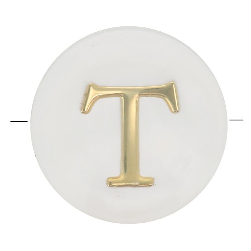 8mm Mother-of-pearl Round alphabet letter bead - T - Natural - Gold Tone x1
