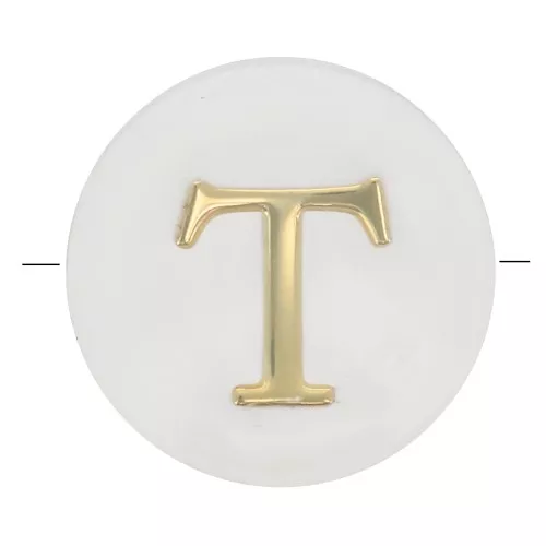 8mm Mother-of-pearl Round alphabet letter bead - T - Natural - Gold Tone x1
