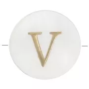 8mm Mother-of-pearl Round alphabet letter bead - V - Natural - Gold Tone x1