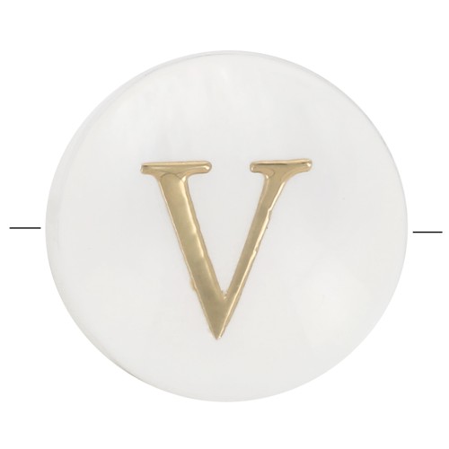 8mm Mother-of-pearl Round alphabet letter bead - V - Natural - Gold Tone x1