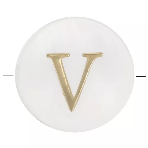 8mm Mother-of-pearl Round alphabet letter bead - V - Natural - Gold Tone x1