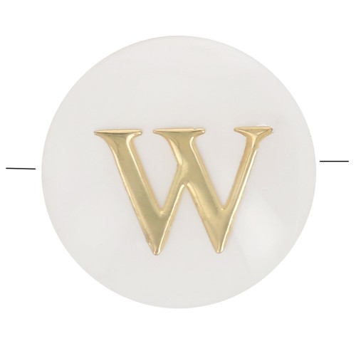 8mm Mother-of-pearl Round alphabet letter bead - W - Natural - Gold Tone x1