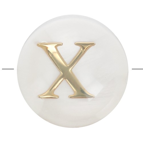 8mm Mother-of-pearl Round alphabet letter bead - X - Natural - Gold Tone x1