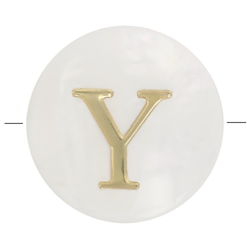 8mm Mother-of-pearl Round alphabet letter bead - Y - Natural - Gold Tone x1