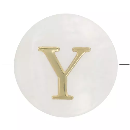 8mm Mother-of-pearl Round alphabet letter bead - Y - Natural - Gold Tone x1