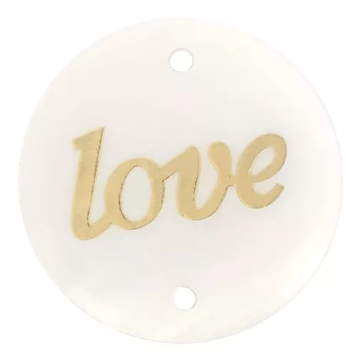 23mm Round Mother of Pearl and Love Resin connector - Gold Tone - Natural x1
