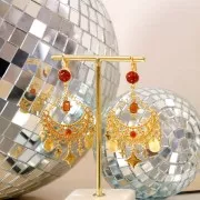 Rectangle faceted charm and small balls 14x11.5mm - Gilded with fine gold-Grenat