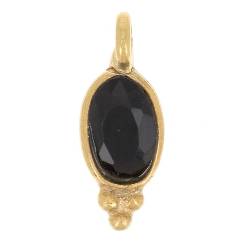 12x5mm Oval Faceted Charm with Small Balls - Fine Gold plated - Black Onyx x1