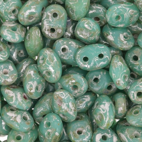 SuperDuo 2.5x5mm Opaque Turquoise Silver Picasso x10g