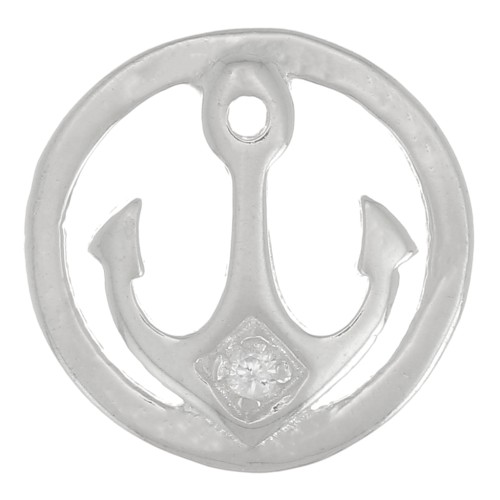 10mm 925 Sterling Silver Round charm anchor motif with zirconium oxide - Crystal x1