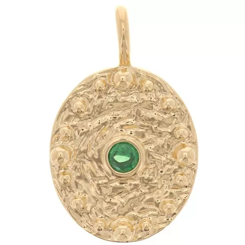 21x13mm Oval hammered pendant with zirconium oxide - Fine gold plated - Emerald x1