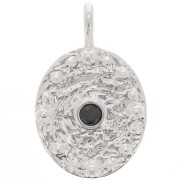 21x13 mm oval hammered pendant with zirconium oxide - Fine Silver plating - Black x1|raw }}