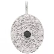 21x13 mm oval hammered pendant with zirconium oxide - Fine Silver plating - Black x1
