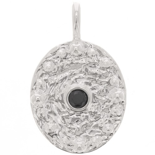 21x13 mm oval hammered pendant with zirconium oxide - Fine Silver plating - Black x1