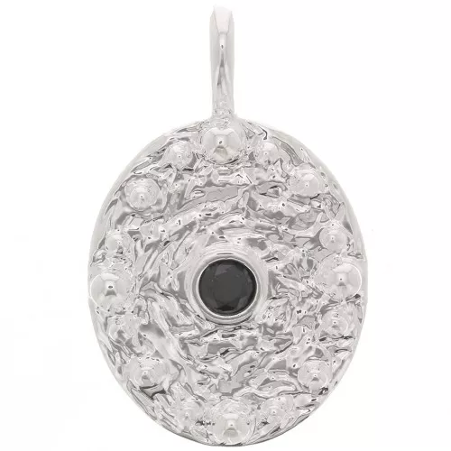 21x13 mm oval hammered pendant with zirconium oxide - Fine Silver plating - Black x1