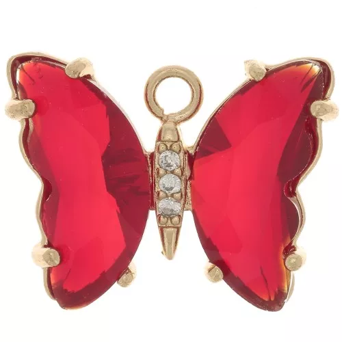 15x20mm Glass Butterfly Pendant with Zircon - Gold - Red - Crystal x1
