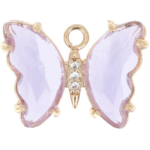 15x20mm Glass Butterfly Pendant with Zircon - Gold - Purple - Crystal x1