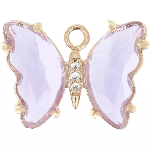 15x20mm Glass Butterfly Pendant with Zircon - Gold - Purple - Crystal x1