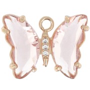 15x20mm Glass Butterfly Pendant with Zircon - Gold - Pink - Crystal x1